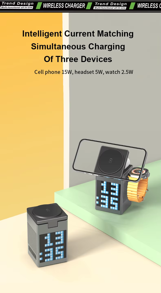 6 in 1 15W Magnetic Wireless Charging Station with Alarm Clock LED Table Lamp Wireless Charger Bluetooth Speaker