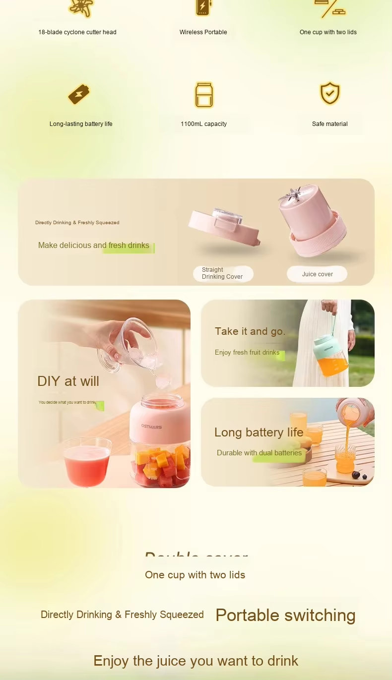 Ostmars Portable Electric Juicer Household Small Quality Fruit Juice Cup Stainless Steel Blade USB Power English for RV Use