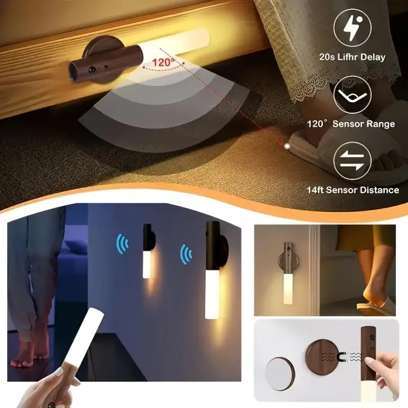 2pcs Auto Sensor Night Light And Wireless Wall Light, Human Sensor, Energy Saving, Safe And Reliable, Long Lasting Power, with Magnetic Base, High Efficiency LED Suitable for Bedroom, Hallway, Staircase, Closet, Ambience Sense Gift