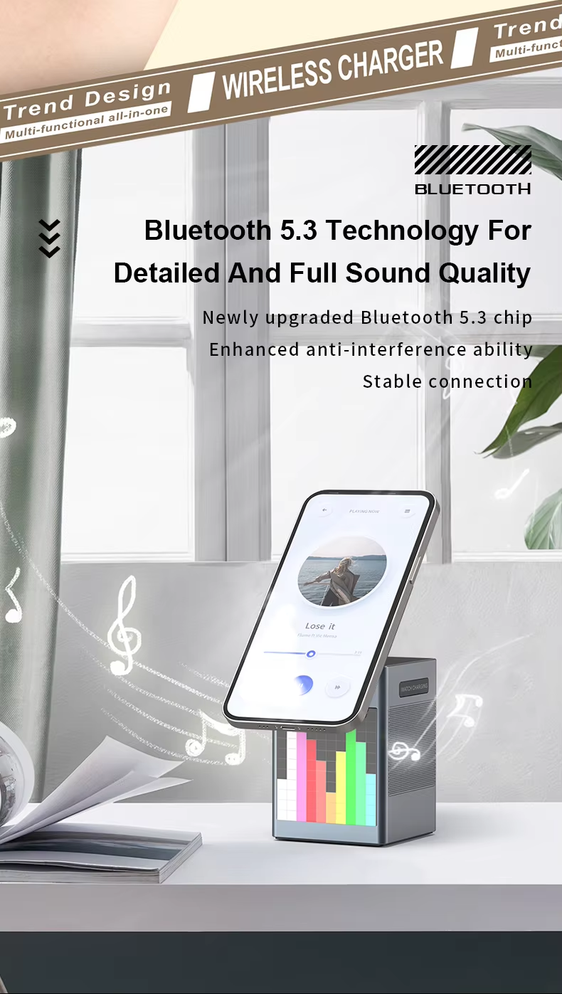 6 in 1 15W Magnetic Wireless Charging Station with Alarm Clock LED Table Lamp Wireless Charger Bluetooth Speaker