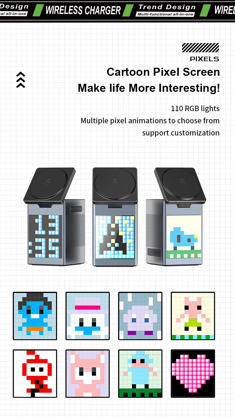 6 in 1 15W Magnetic Wireless Charging Station with Alarm Clock LED Table Lamp Wireless Charger Bluetooth Speaker