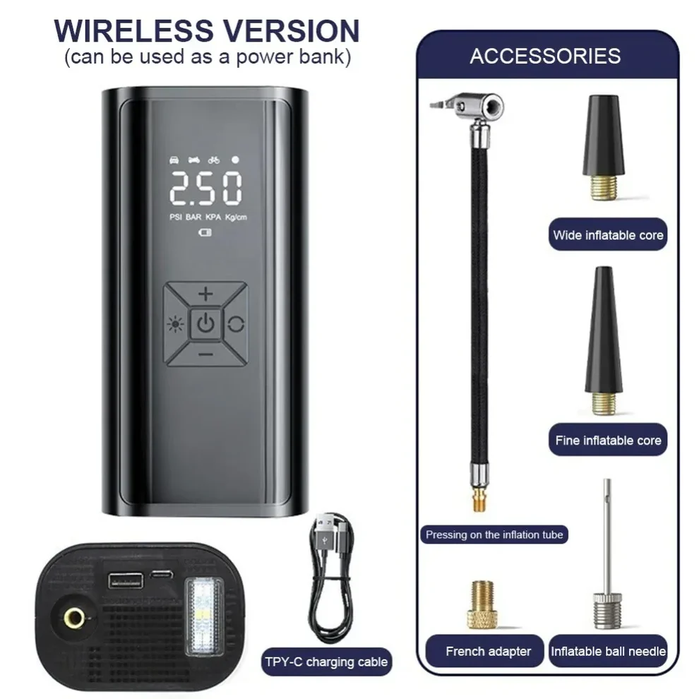 SUITU 120W Handheld Car Tire Inflator. It can be a wired inflator without a battery or a wireless inflator with a battery