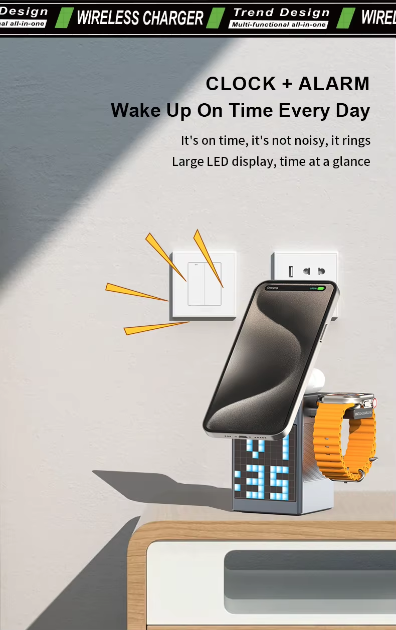 6 in 1 15W Magnetic Wireless Charging Station with Alarm Clock LED Table Lamp Wireless Charger Bluetooth Speaker